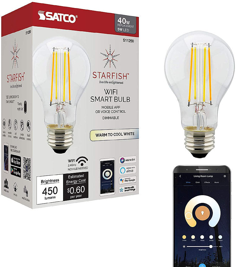 Starfish A19 WiFi Smart LED, 5 Watt, Clear Tunable White Light Bulb