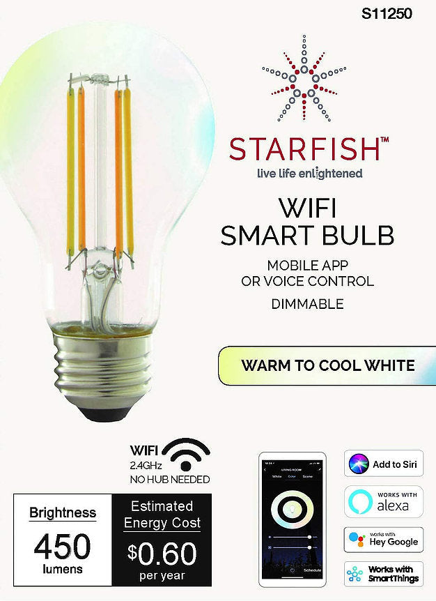 Starfish A19 WiFi Smart LED, 5 Watt, Clear Tunable White Light Bulb