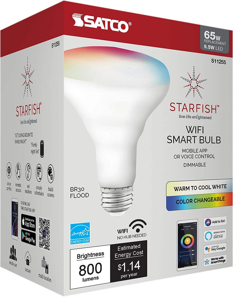 Starfish BR30 WiFi Smart LED, 9.5 Watt, Color Changing & Tunable White Light Bulb