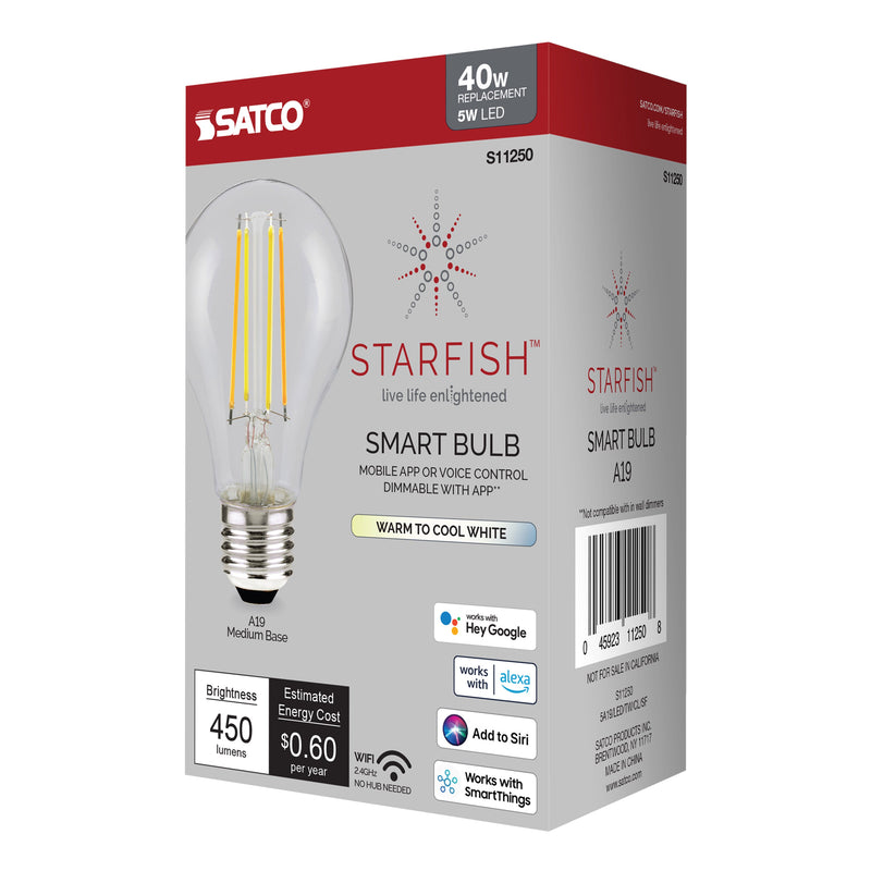 Starfish A19 WiFi Smart LED, 5 Watt, Clear Tunable White Light Bulb