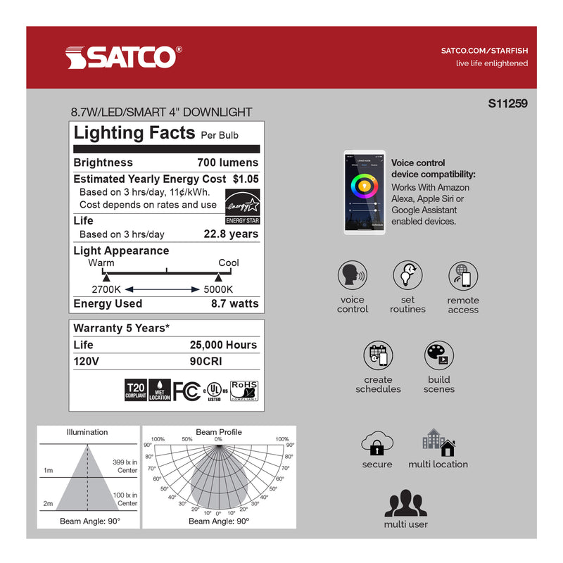 Starfish Retrofit 4" WiFi Smart LED, 8.7 Watt, Tunable White Recessed Downlight