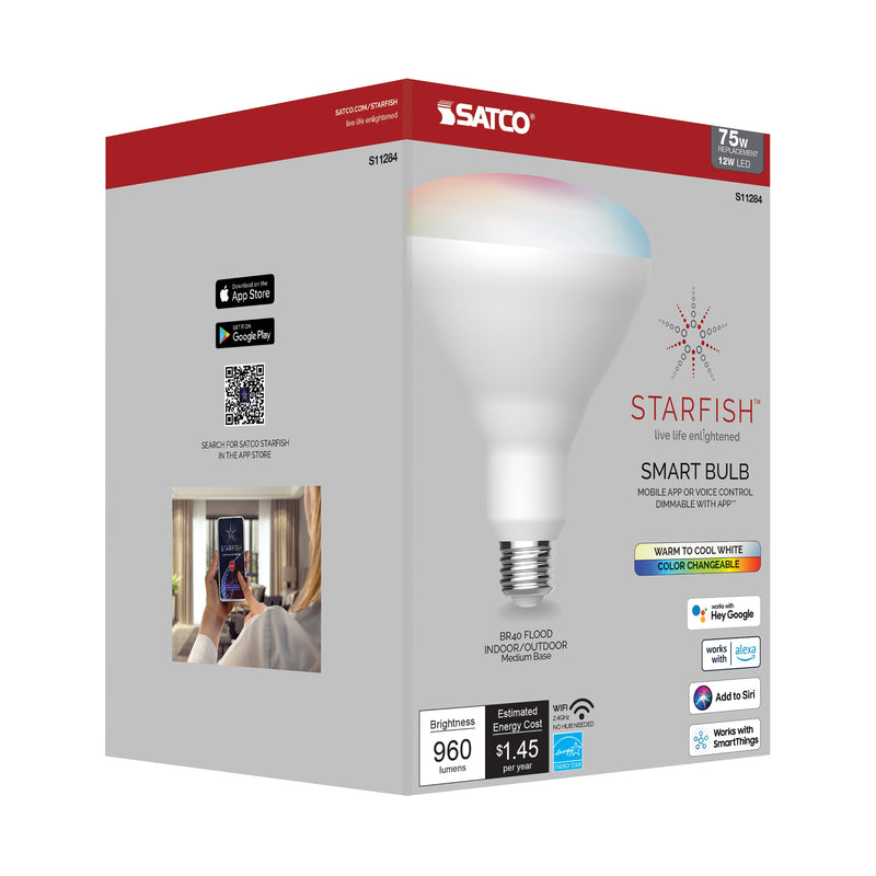 Starfish BR40 WiFi Smart LED, 12 Watt, E26 Color Changin & Tunable White Light Bulb