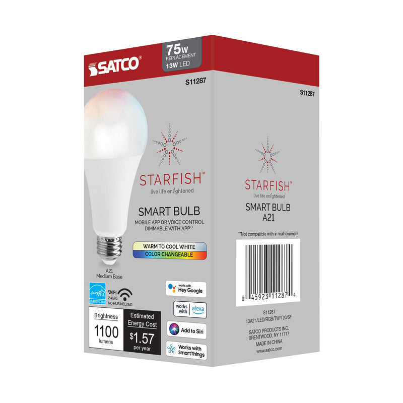 Starfish A21 WiFi Smart LED, 13 Watt, Color-Changing and Tunable White Light Bulb