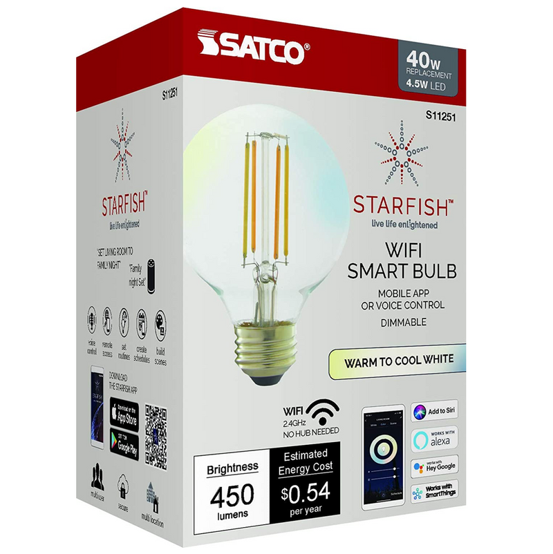 Starfish G25 WiFi Smart LED, 4.5 Watt, Clear Tunable White Light Bulb