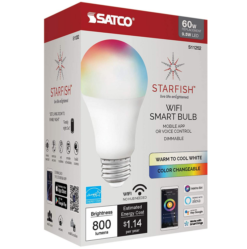 Starfish A19 WiFi Smart LED, 9.5 Watt, Color Changing & Tunable White Light Bulb