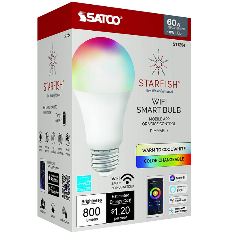 Starfish A19 WiFi Smart LED, 9.5 Watt, Color Changing & Tunable White Light Bulb