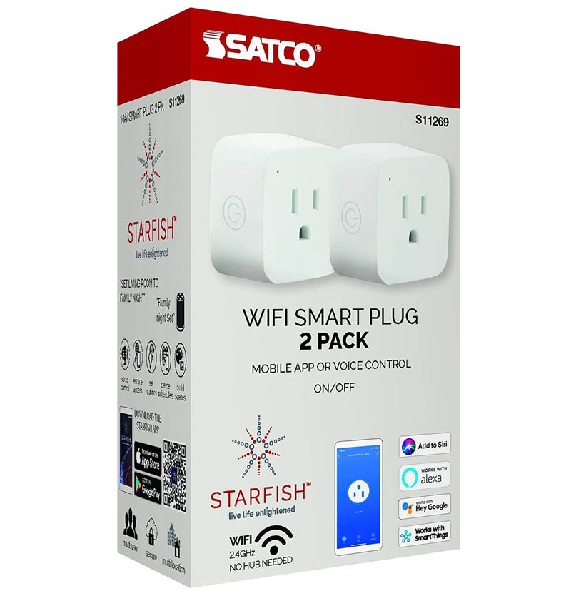 Starfish 10A Mini-Square Wi-Fi On-Off Smart Outlet, 2-Pack